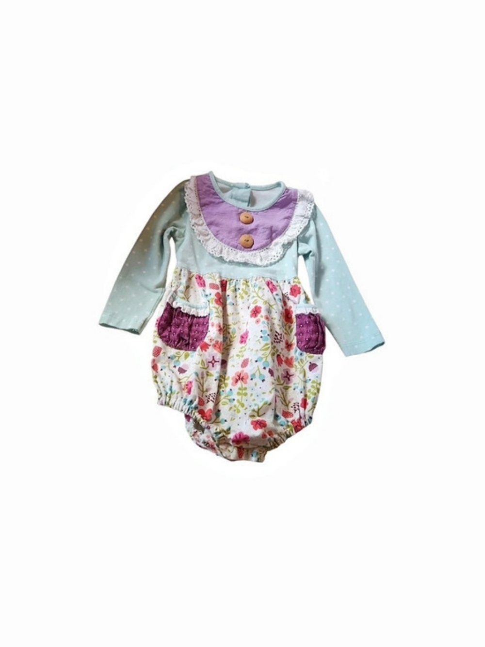 RicRac & Ruffles Romper Accented With Lace Detail Wood Buttons Mint Purple
